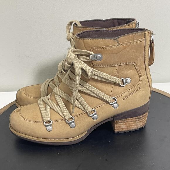 Merrell Boots Womens Size 5 Tan Leather Lace Up Ankle Lug Heel Outdoor J001736 - Picture 5 of 11